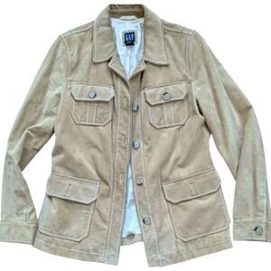 Vtg Gap Suede Leather Shirt Jacket Women L Tan 90s Coat Western Boho Field